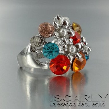 Anillo con cristales de colores y mini perlas fantasia