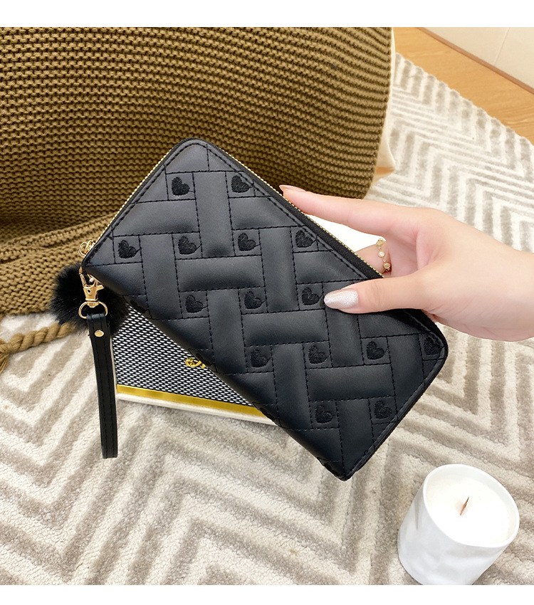 Quilted Long Wallet with Heart-Embossed Detail and Wrist Strap (image for) Quilted Long Wallet with Heart-Embossed Detail and Wrist Strap