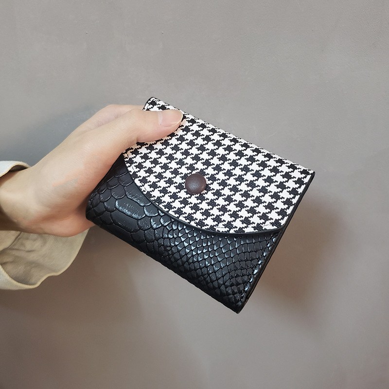 (image for) Compact wallet with houndstooth flap and faux-reptile finish