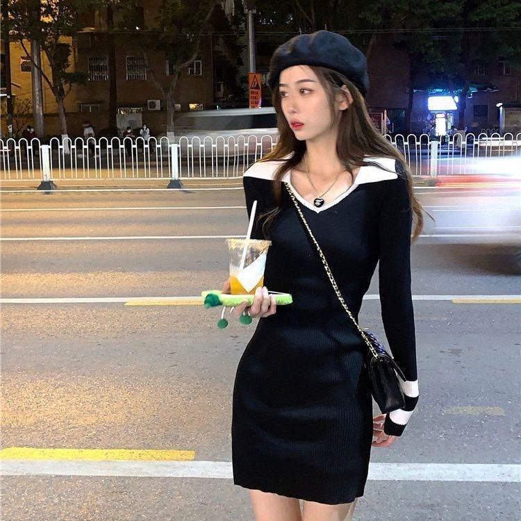 (imagen de) Vestido de punto manga larga con cuello en V y contraste