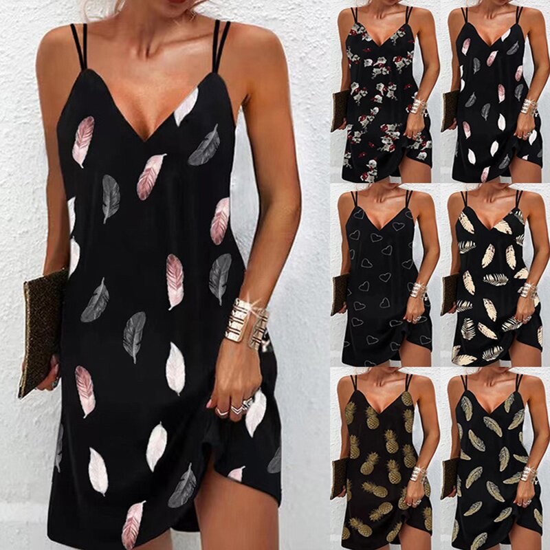 (image for) Summer Mini Slip Dress with Double Straps & Feather Print