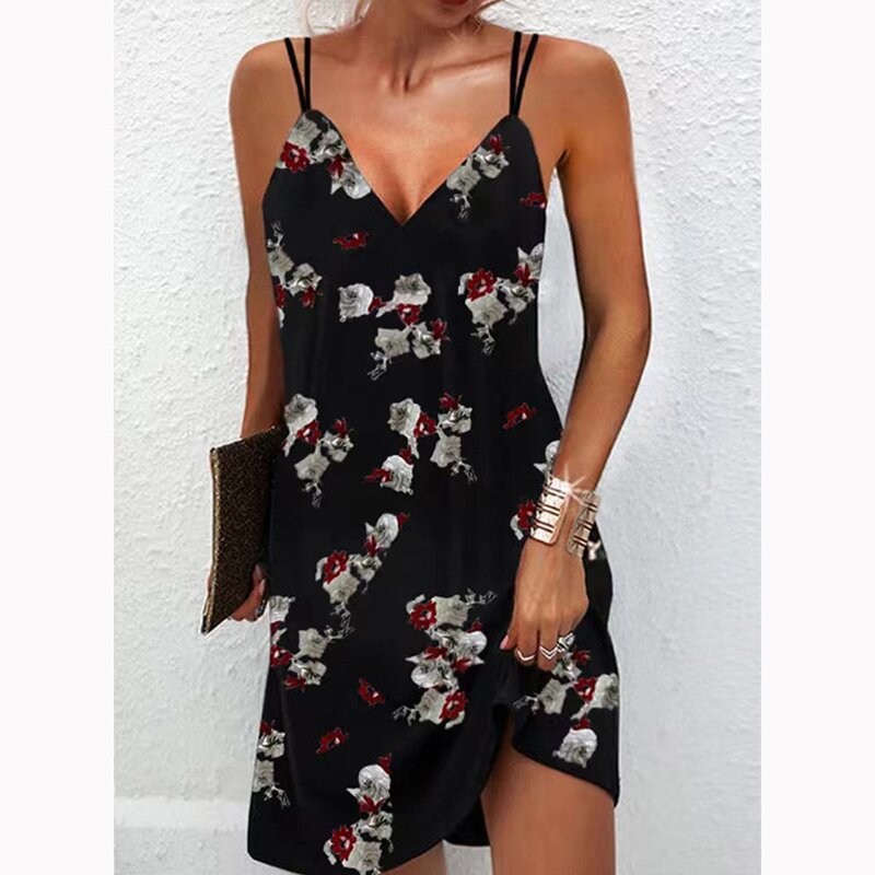 (image for) Summer Mini Slip Dress with Double Straps & Feather Print