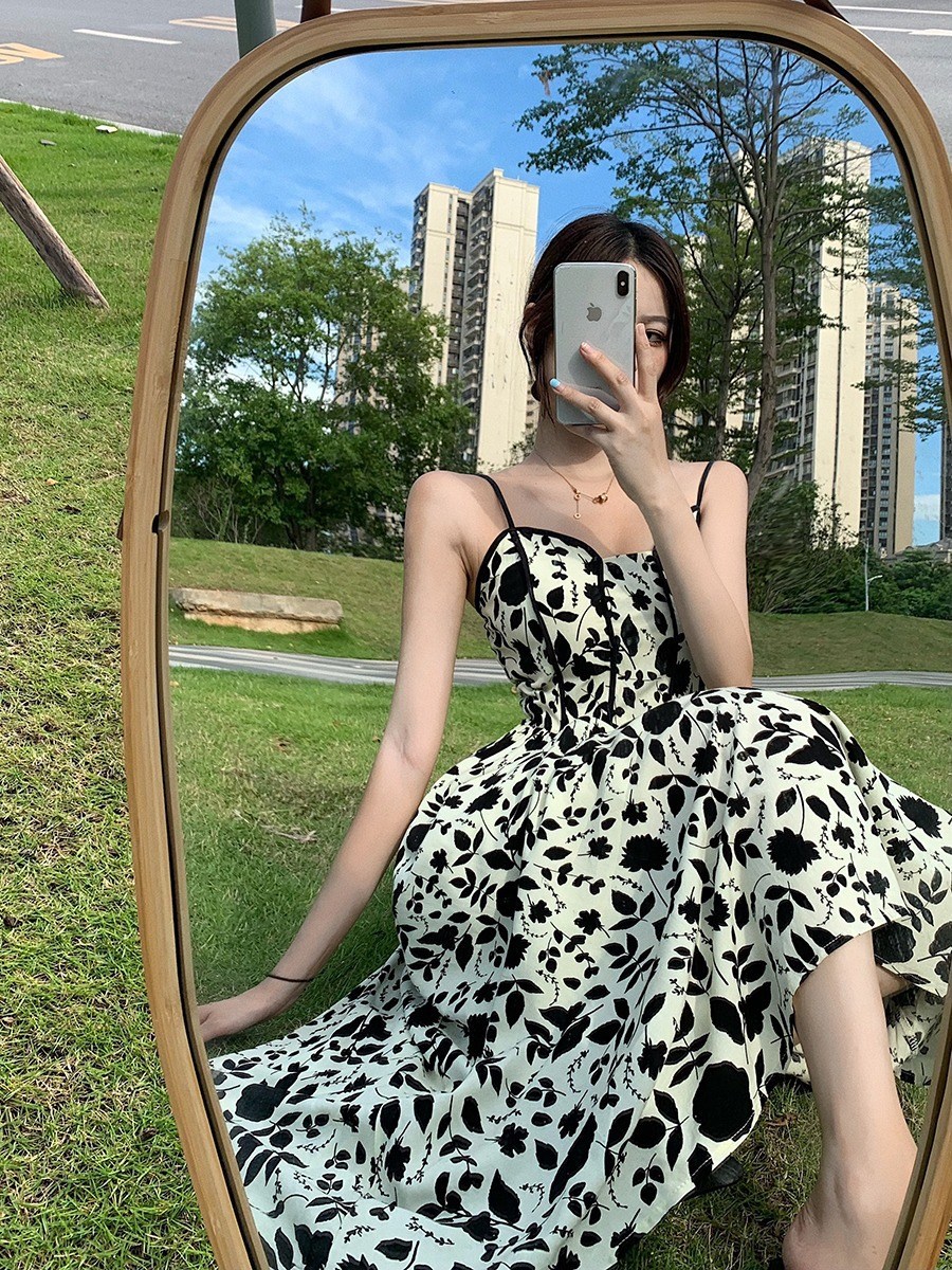 (image for) Fitted Spaghetti‑Strap Floral Midi Summer Dress