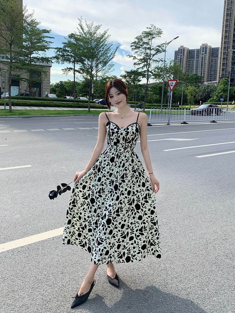 (image for) Fitted Spaghetti‑Strap Floral Midi Summer Dress