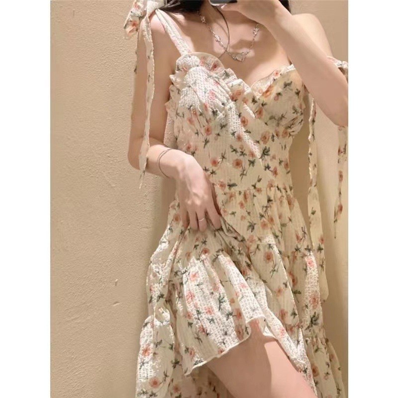 (image for) Short Tie-Strap Dress with Floral Print and Ruffled Tiers