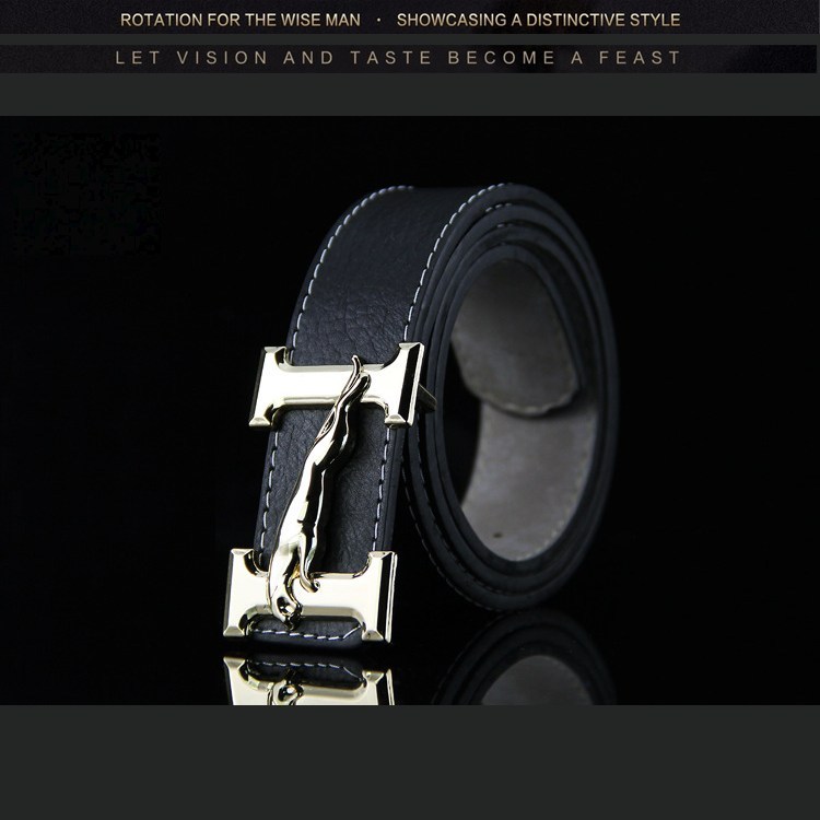 (image for) Belt with H buckle and leaping-cat detail, stitched finish