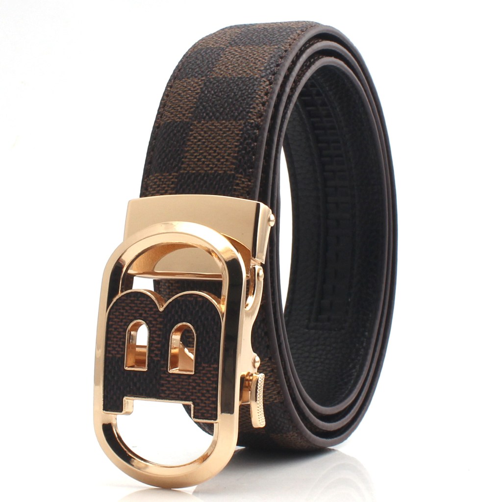 (image for) Men's Check-Pattern Belt with Polished Metal Buckle