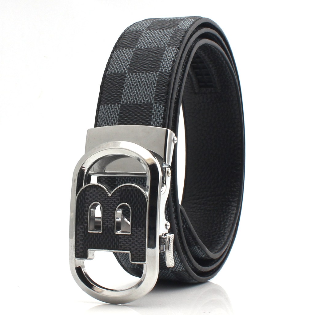 (image for) Men's Check-Pattern Belt with Polished Metal Buckle