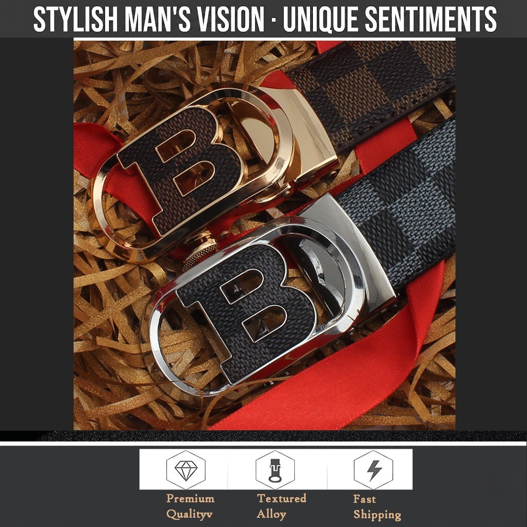 (image for) Men's Check-Pattern Belt with Polished Metal Buckle