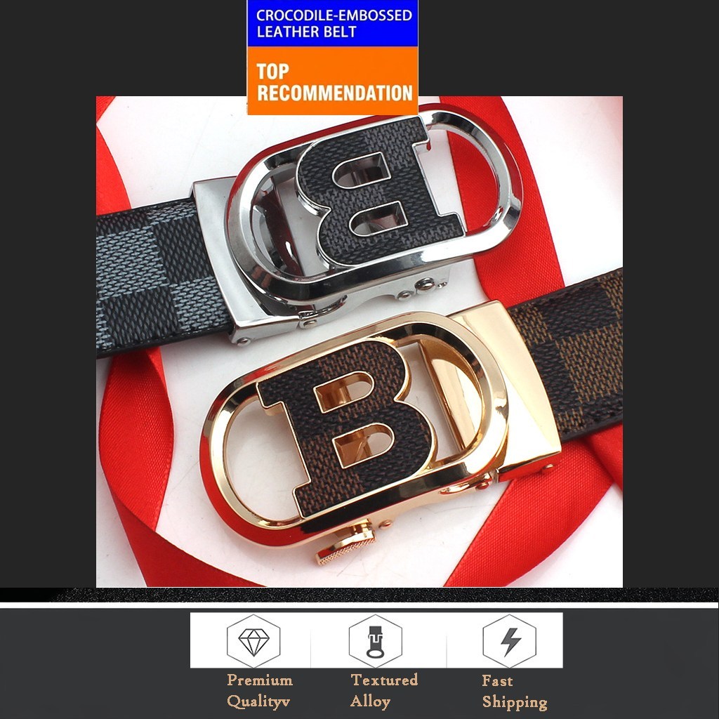(image for) Men's Check-Pattern Belt with Polished Metal Buckle
