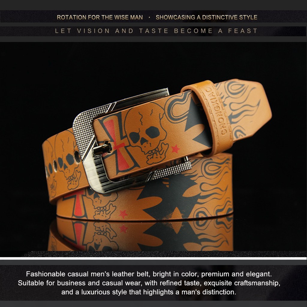 (image for) Men's leather skull-print belt with metal buckle