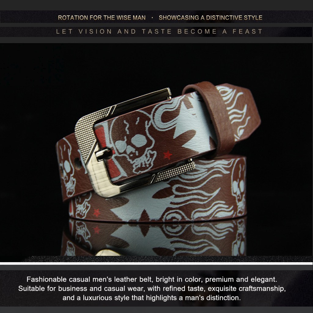 (image for) Men's leather skull-print belt with metal buckle