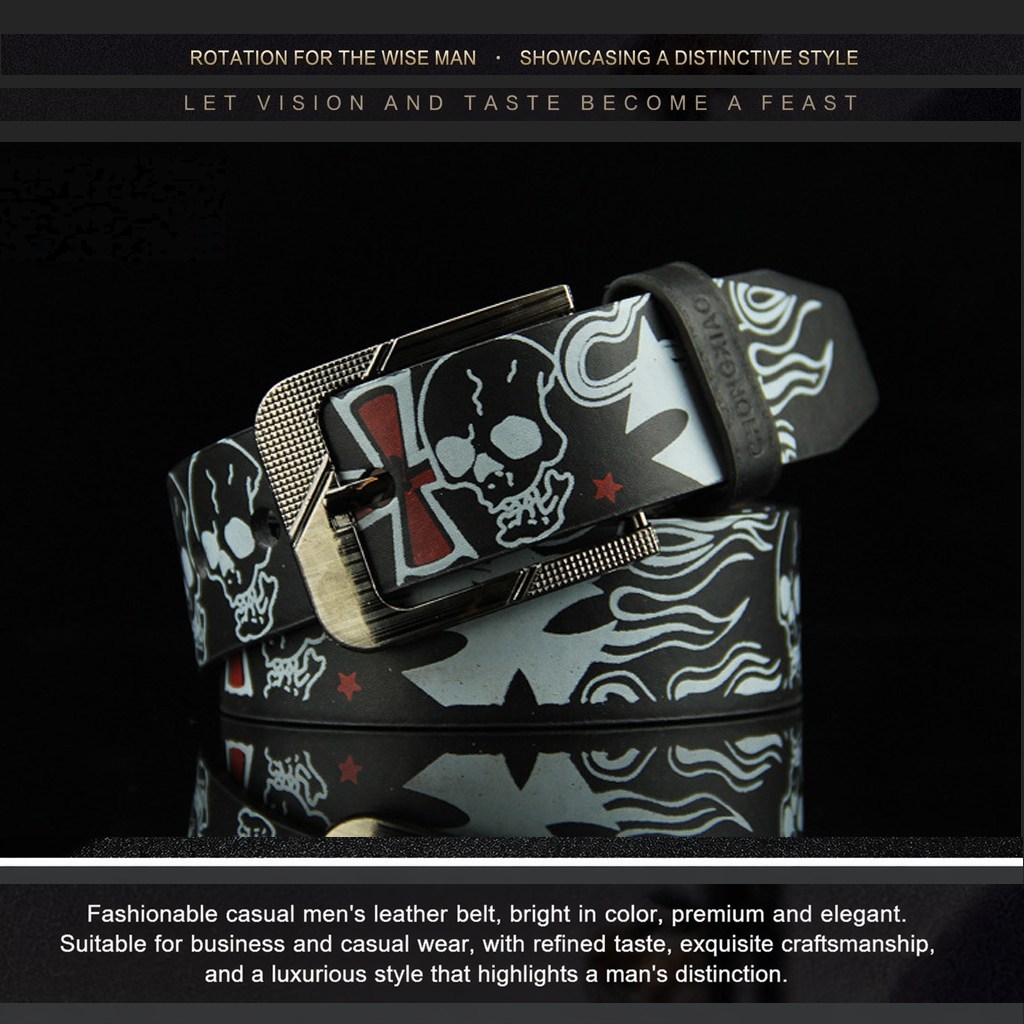 (image for) Men's leather skull-print belt with metal buckle