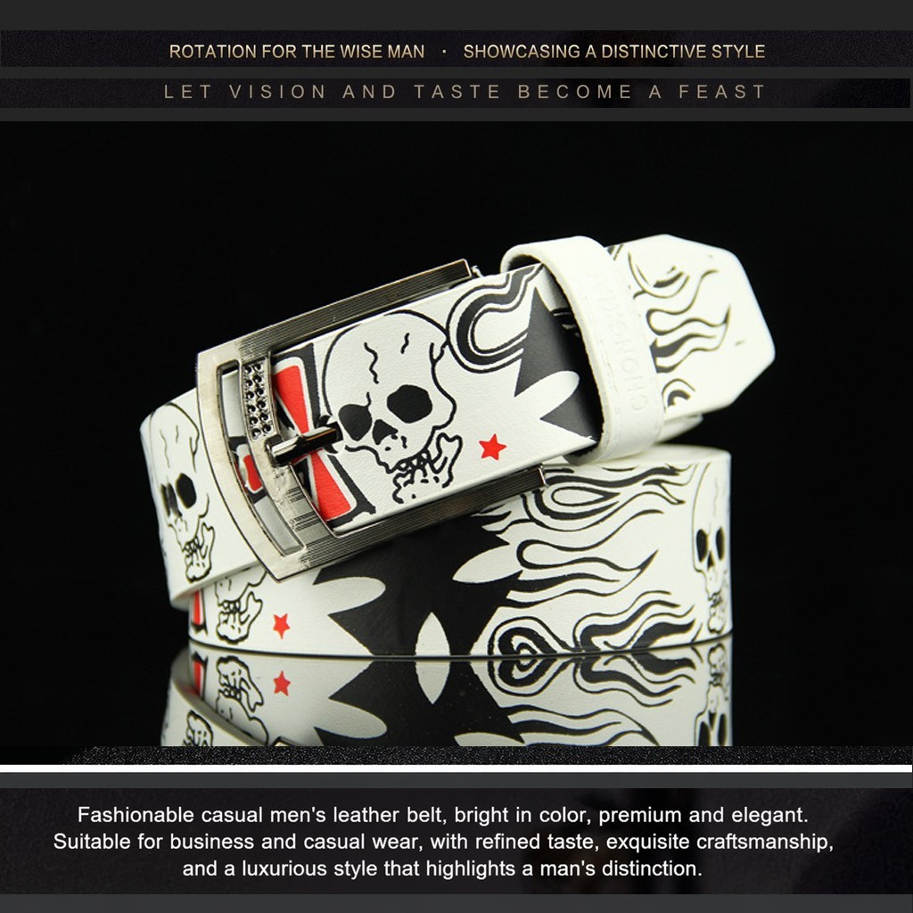 (image for) Men's leather skull-print belt with metal buckle
