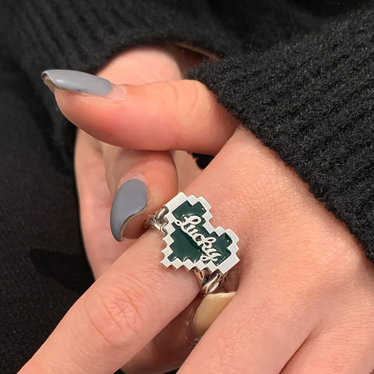 (image for) Silver-tone pixel heart ring with 'Lucky' detail