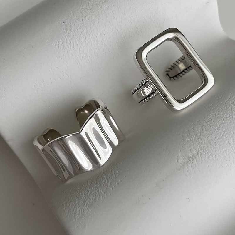 Silver-tone ring set with rectangular frame and wavy band (image for) Silver-tone ring set with rectangular frame and wavy band