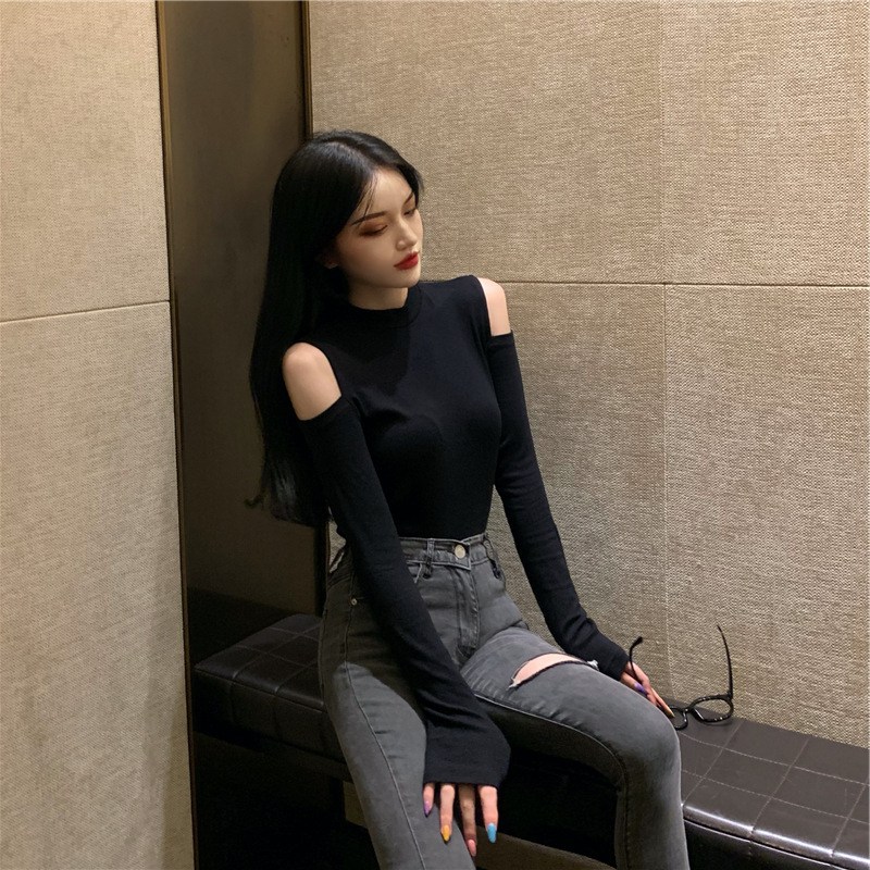 (image for) Fitted Long-Sleeve Top with Cold-Shoulder Cutouts
