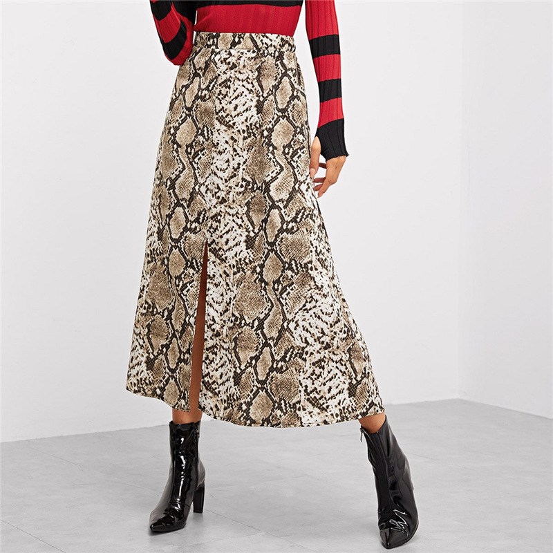 (image for) Long A-line Skirt with Snake Print and Front Slit