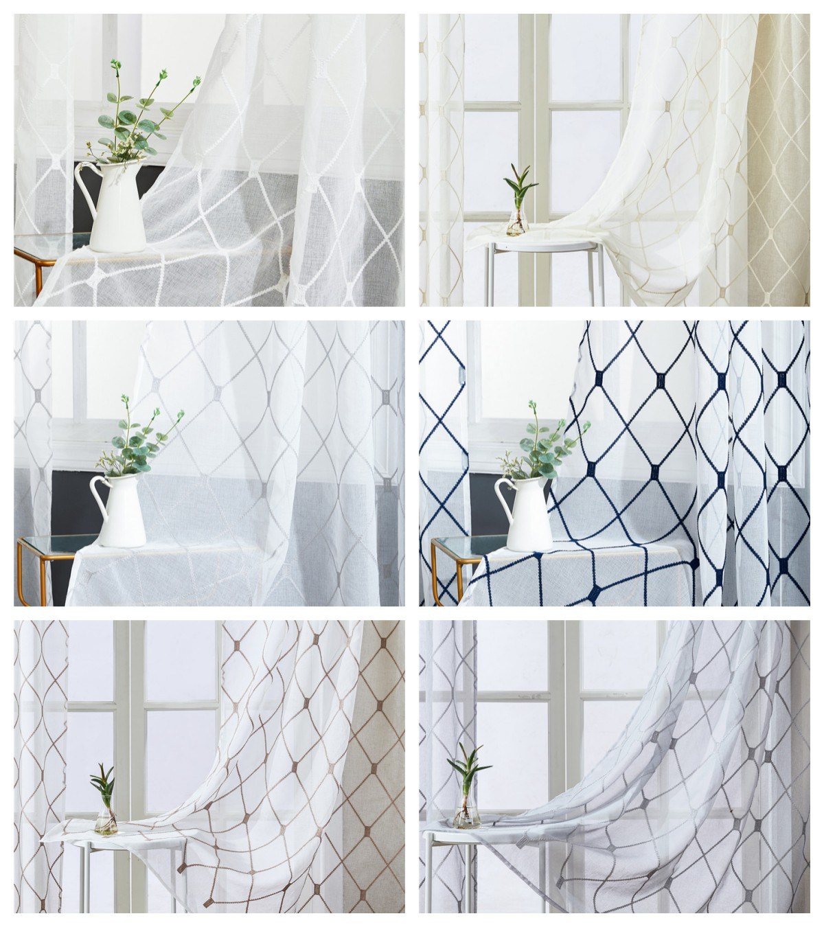 (image for) Sheer geometric curtain with embroidered lattice and grommets