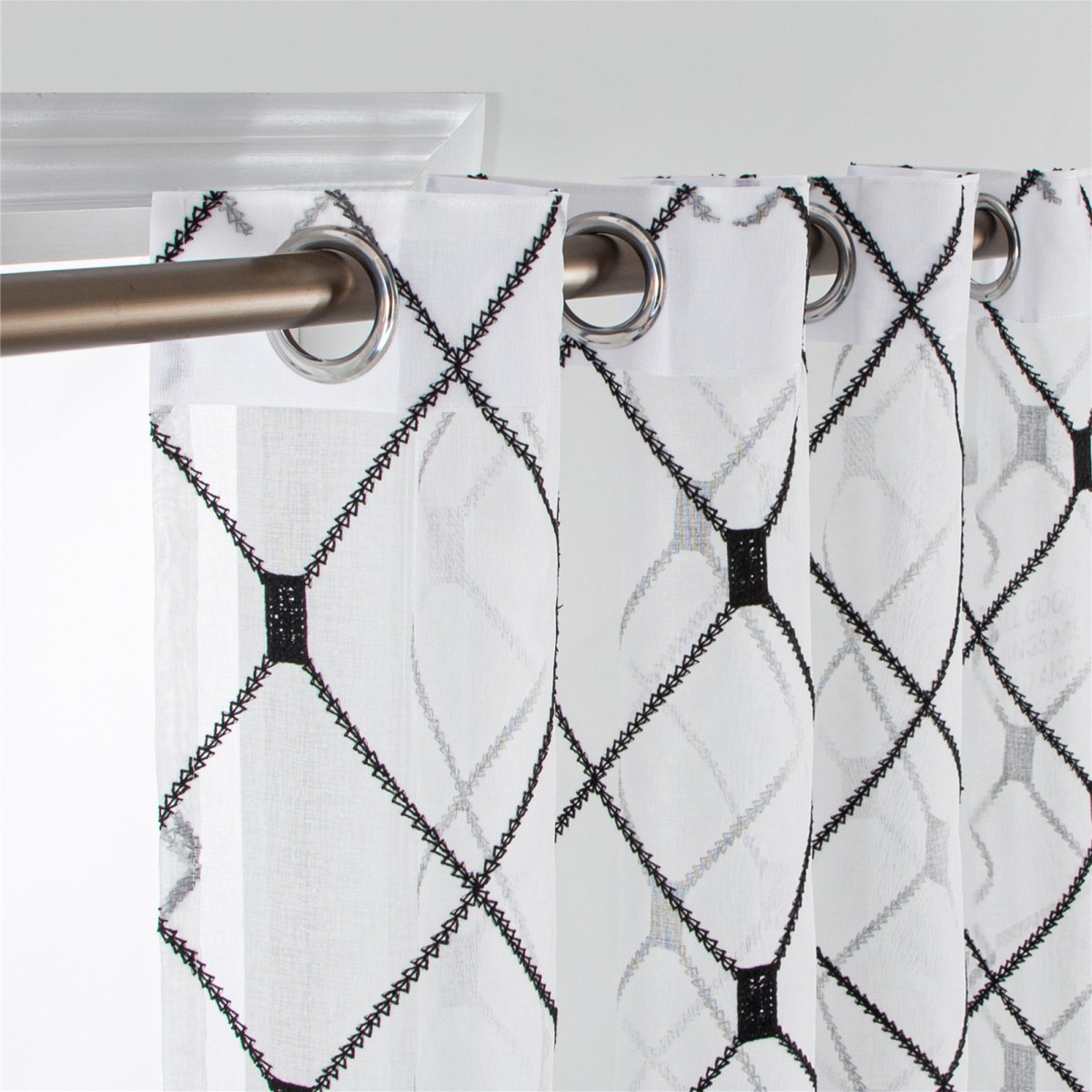 (image for) Sheer geometric curtain with embroidered lattice and grommets