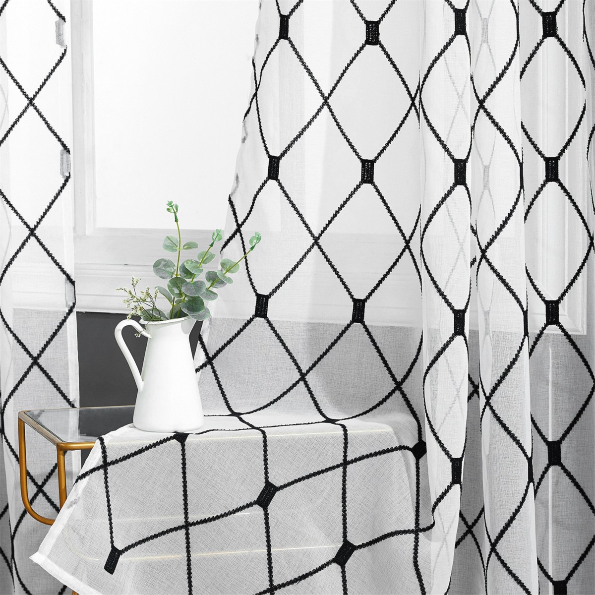 (image for) Sheer geometric curtain with embroidered lattice and grommets