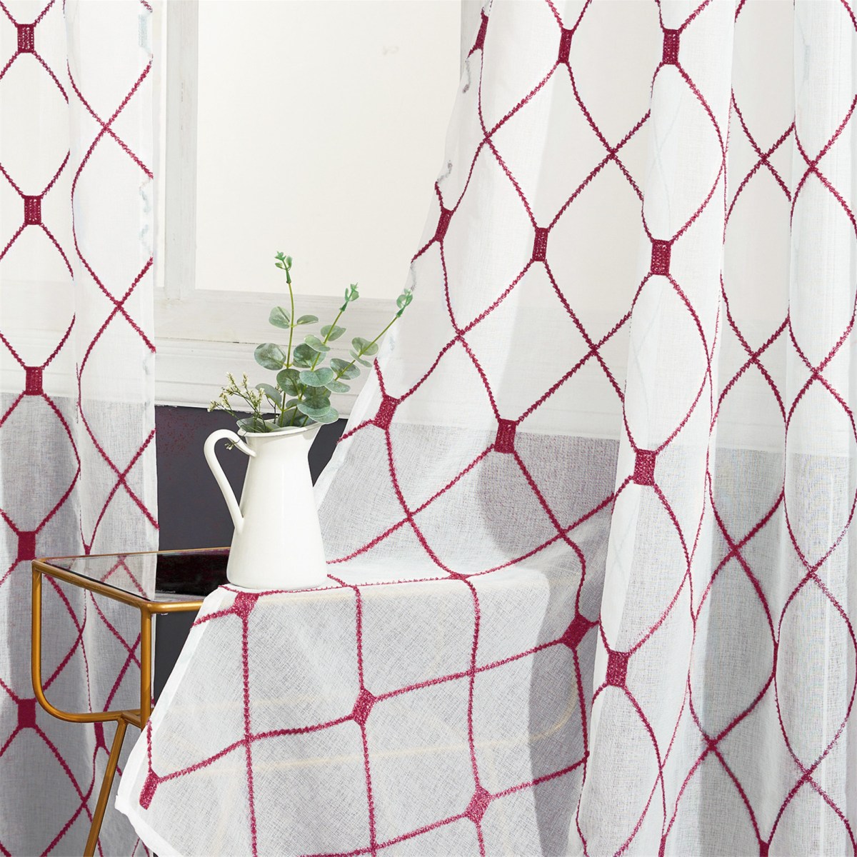 (image for) Sheer geometric curtain with embroidered lattice and grommets