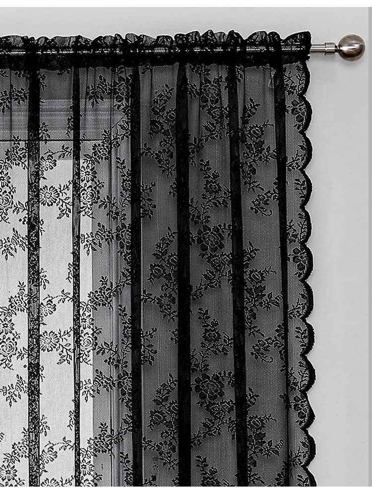(image for) Black Floral Lace Curtain with Scalloped Edge