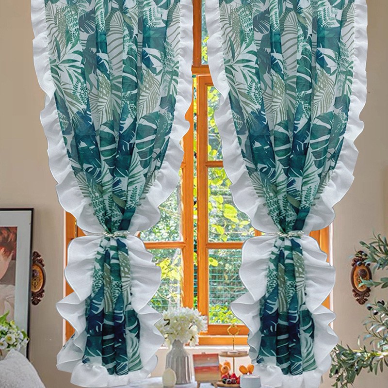 (image for) Tropical leaf curtain with white ruffle trim