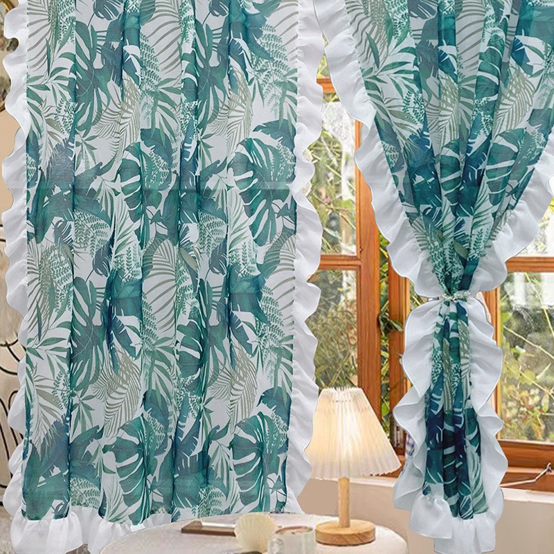 (image for) Tropical leaf curtain with white ruffle trim