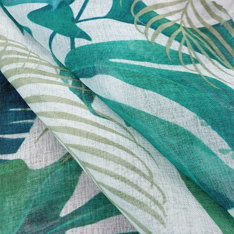 (image for) Tropical leaf curtain with white ruffle trim
