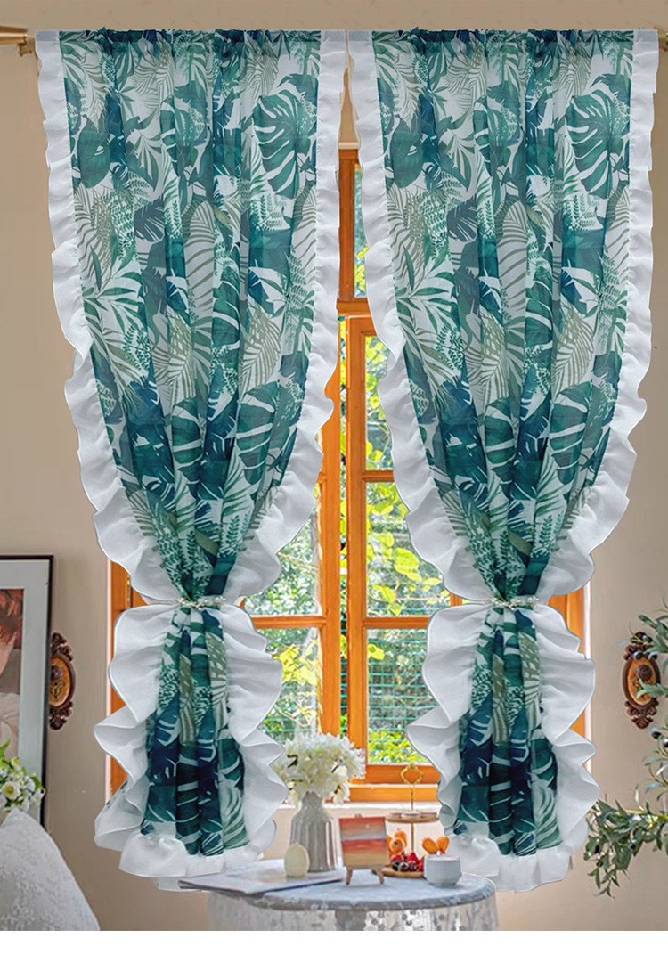 Tropical leaf curtain with white ruffle trim (image for) Tropical leaf curtain with white ruffle trim
