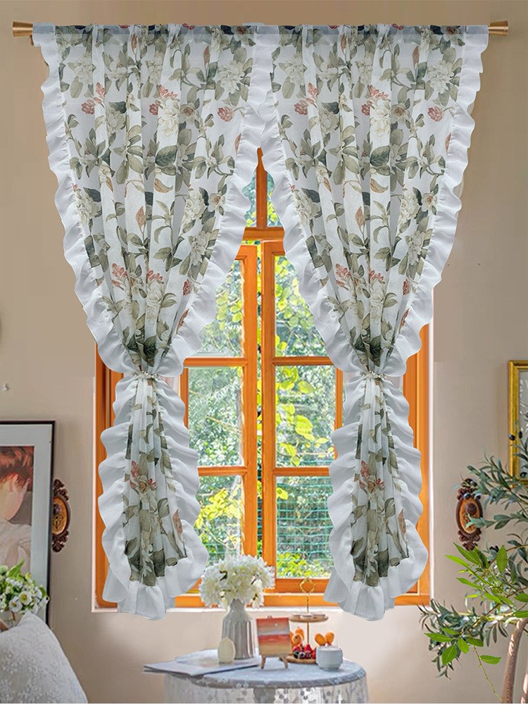 Sheer Floral Curtain with Ruffled Edges (image for) Sheer Floral Curtain with Ruffled Edges