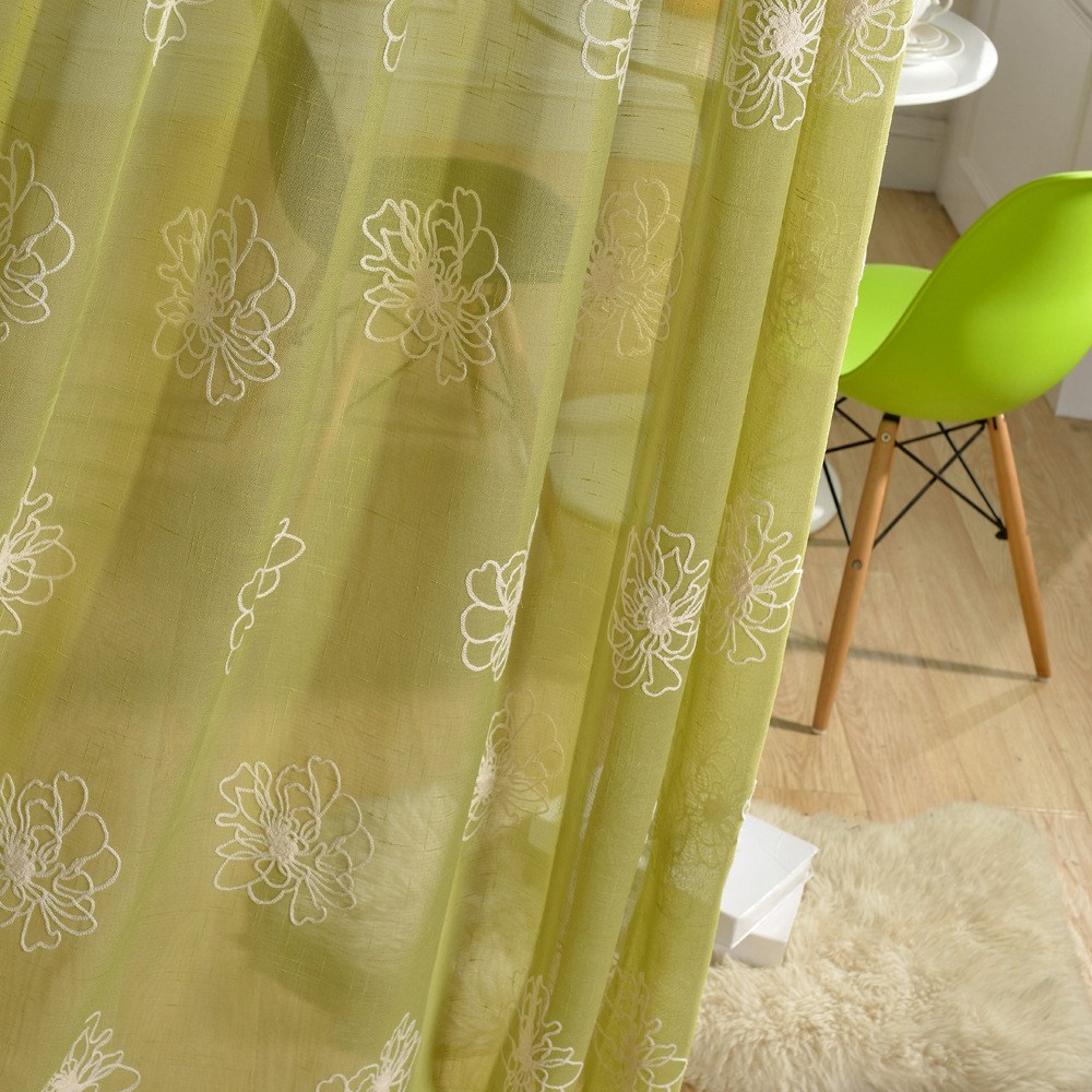 Green embroidered floral curtain with white motifs (image for) Green embroidered floral curtain with white motifs
