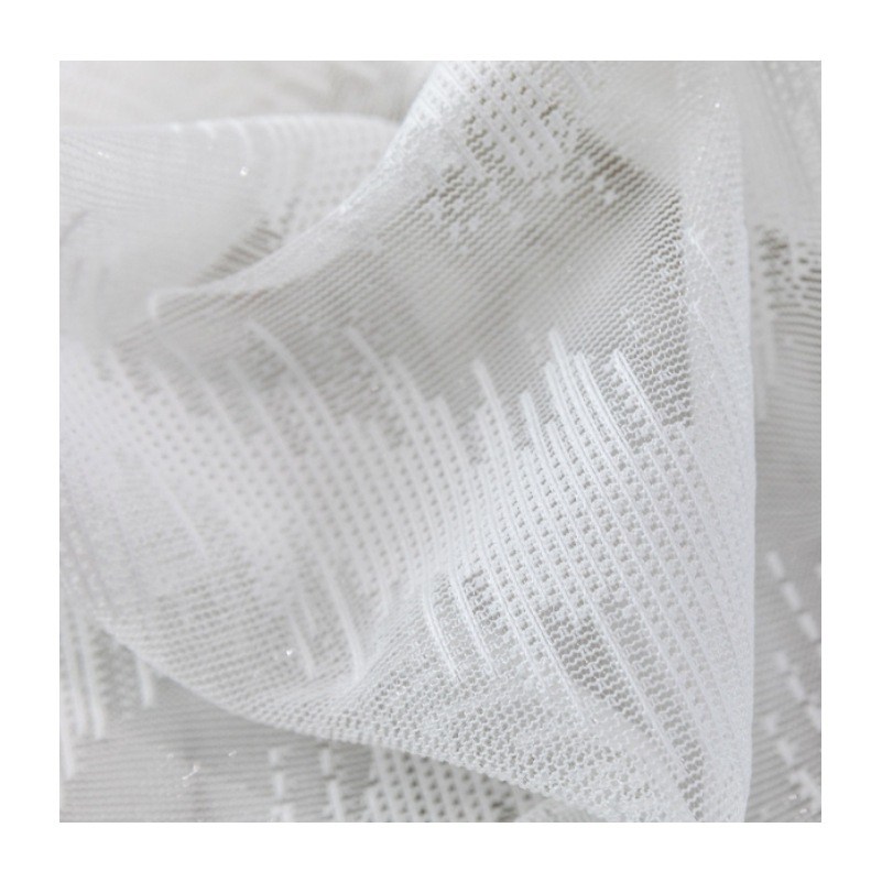 (image for) Sheer white curtain with linear pattern and pompom trim