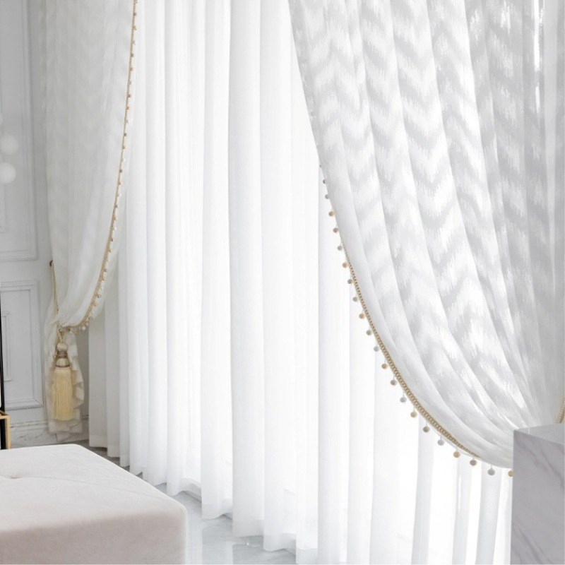 (image for) Sheer white curtain with linear pattern and pompom trim