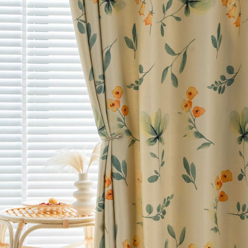 (image for) Watercolor Floral Curtain with Green Leaves and Orange Flowers