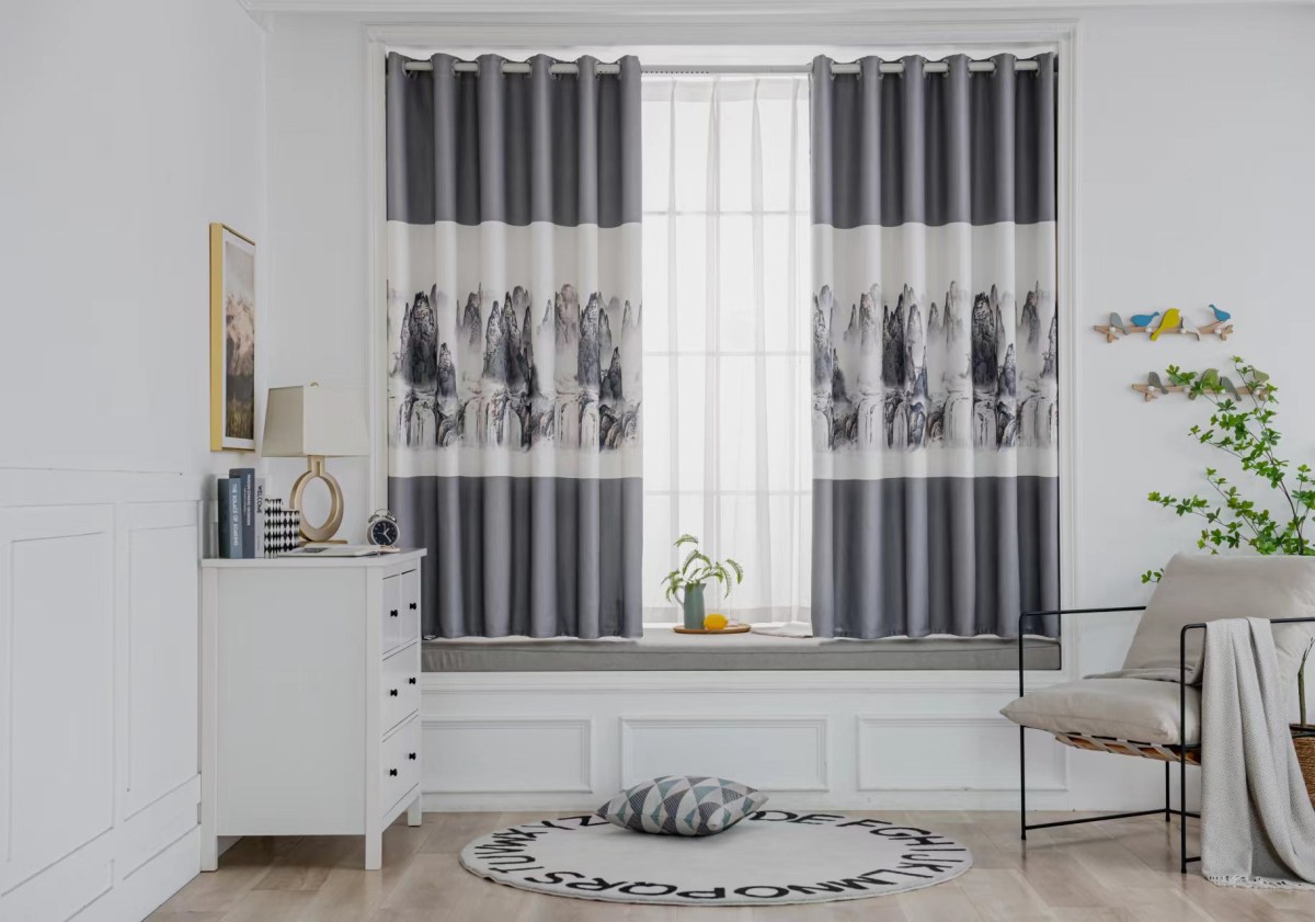(image for) Ink-landscape curtain with gray bands and eyelets
