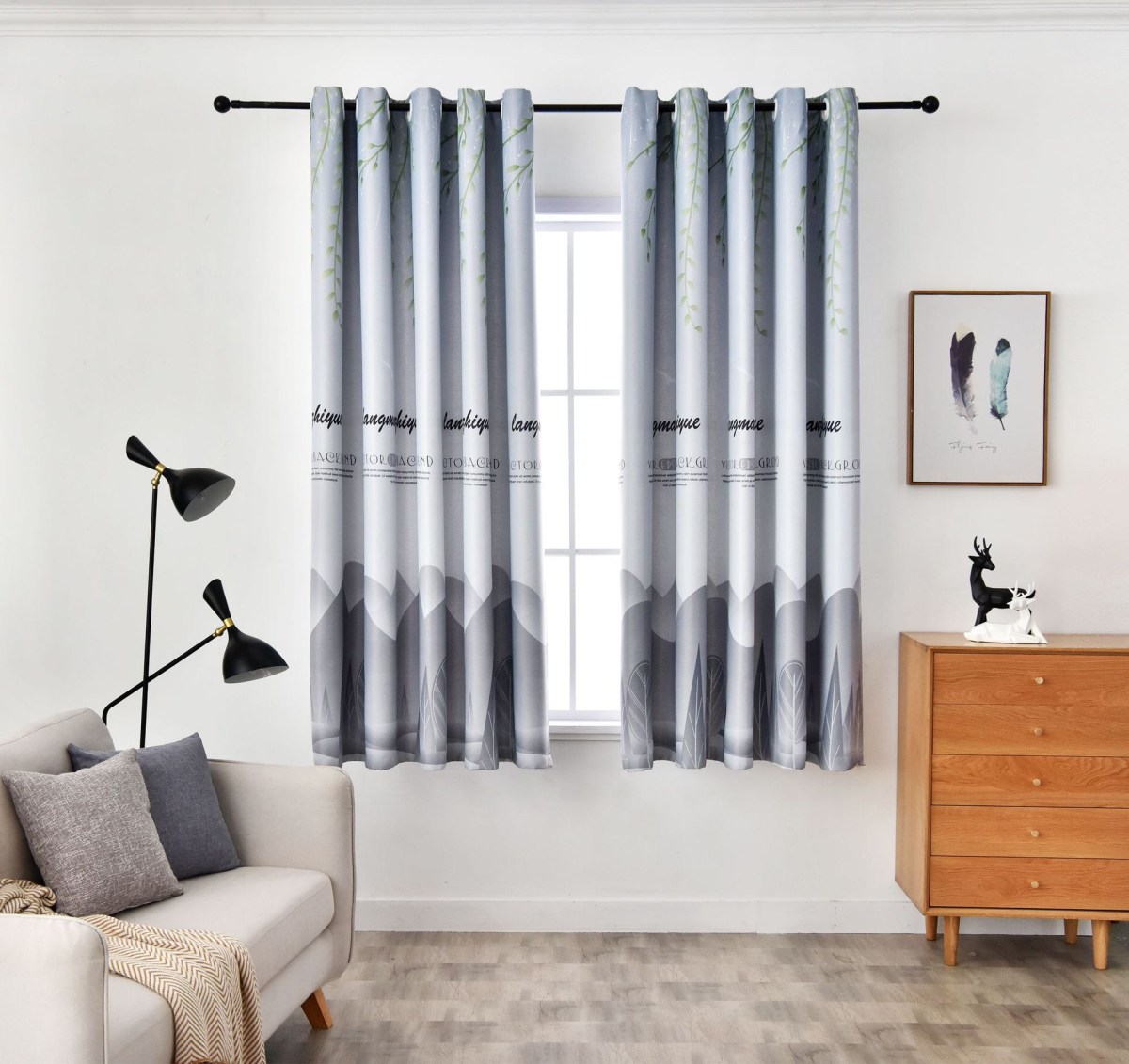 (image for) Curtain with botanical top and geometric base, eyelet headers