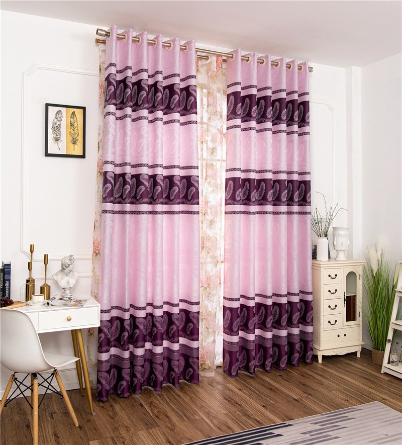 (image for) Feather‑stripe curtain in pink & purple with eyelet top
