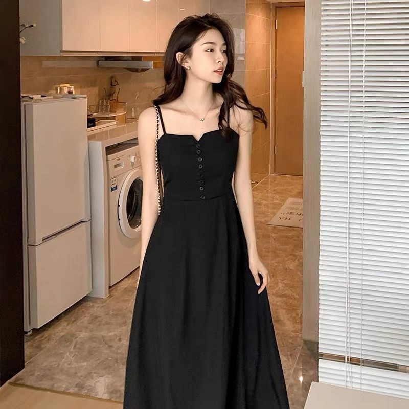 (image for) Summer midi dress — black A-line with buttoned bodice