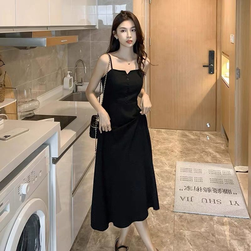(image for) Summer midi dress — black A-line with buttoned bodice