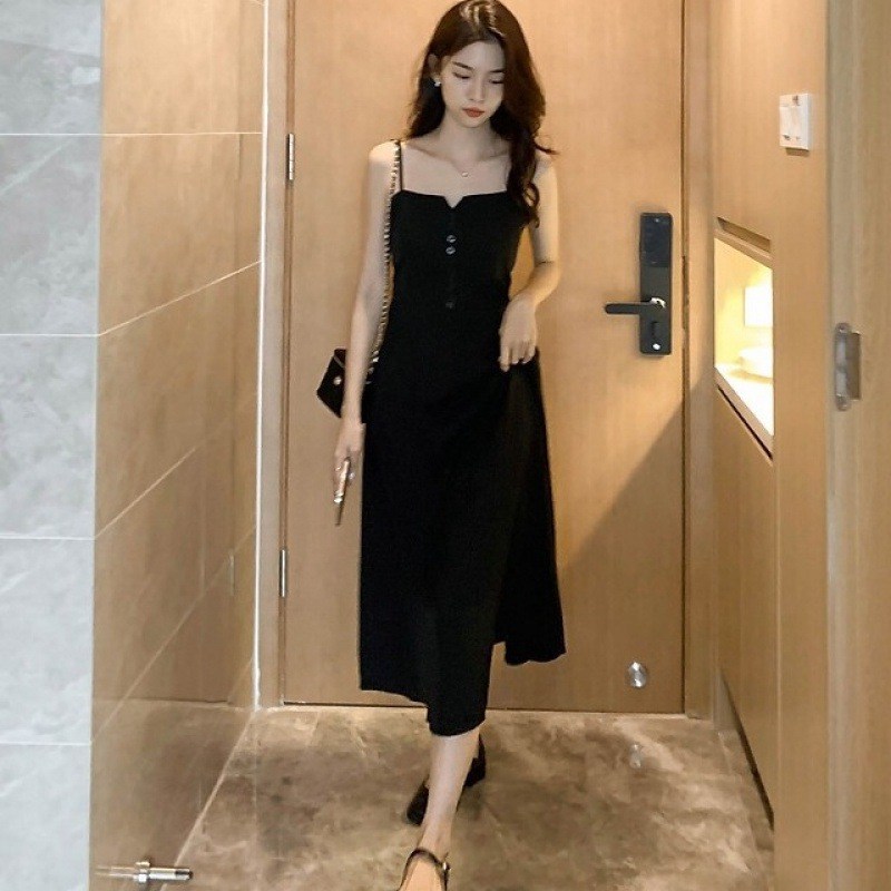 (image for) Summer midi dress — black A-line with buttoned bodice