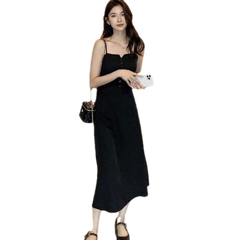 (image for) Summer midi dress — black A-line with buttoned bodice
