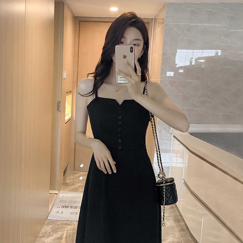 Summer midi dress — black A-line with buttoned bodice (image for) Summer midi dress — black A-line with buttoned bodice