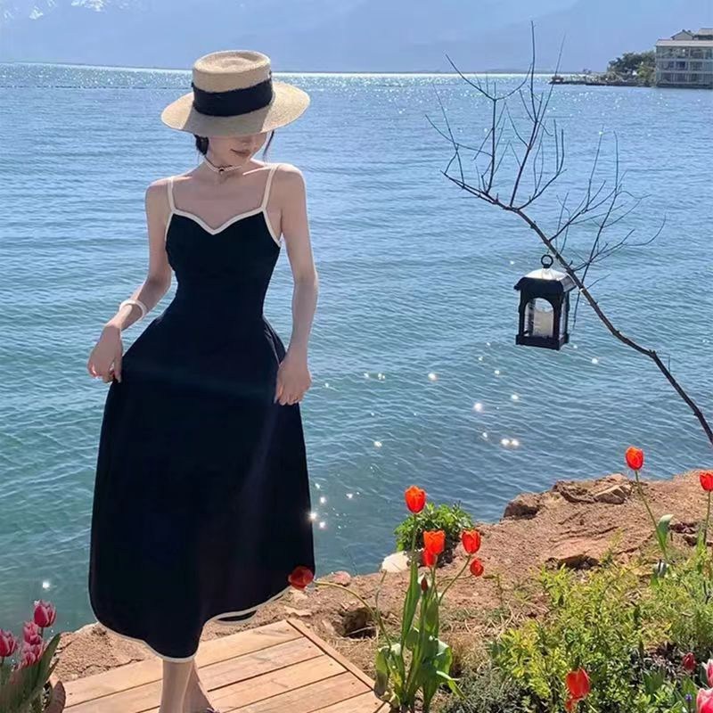 (image for) Summer A-line Midi Dress in Black with White Piping
