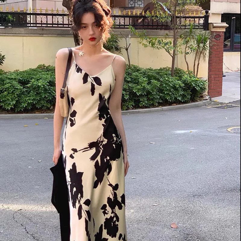 Long slip dress with abstract floral print (image for) Long slip dress with abstract floral print
