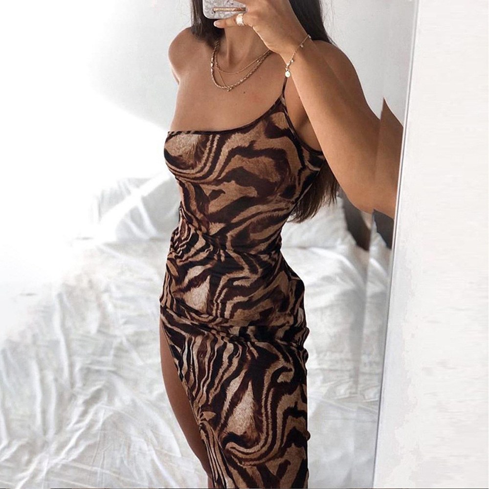(image for) Summer Maxi Dress One‑Shoulder Brown Animal Print