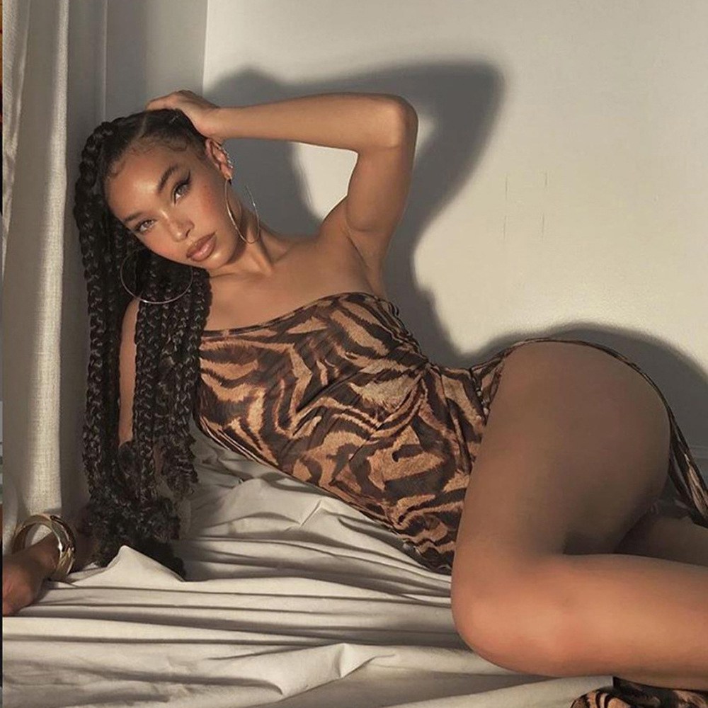 (image for) Summer Maxi Dress One‑Shoulder Brown Animal Print