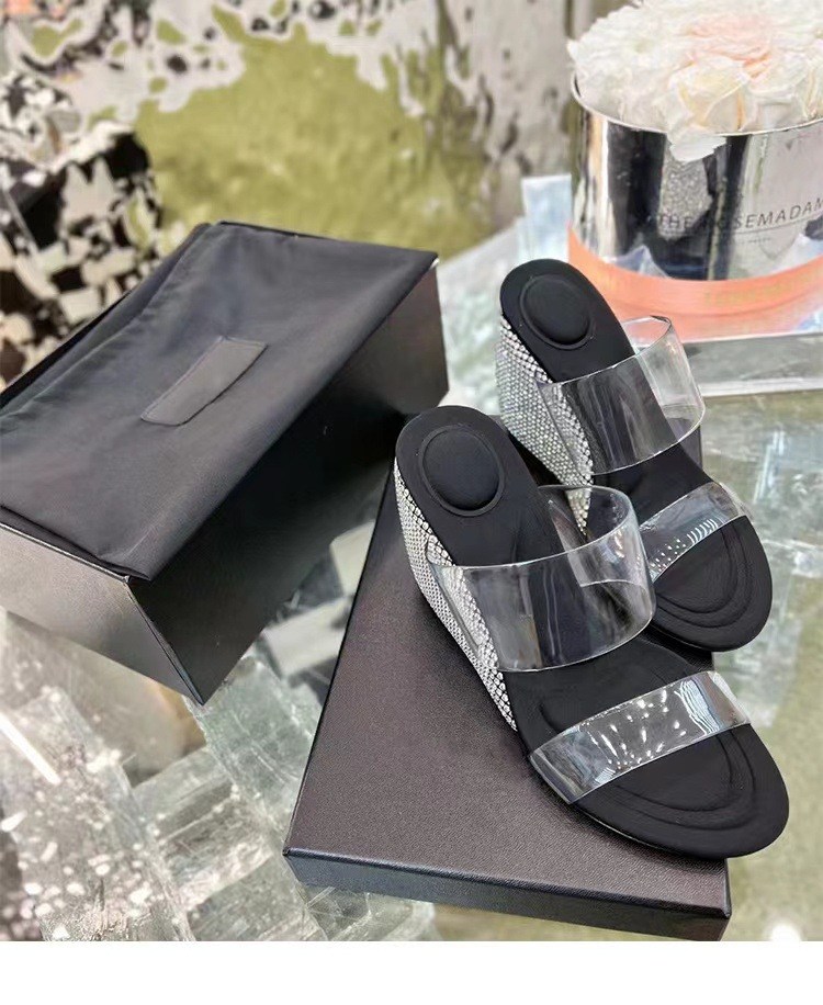(image for) Clear-strap wedge mule with crystal accents