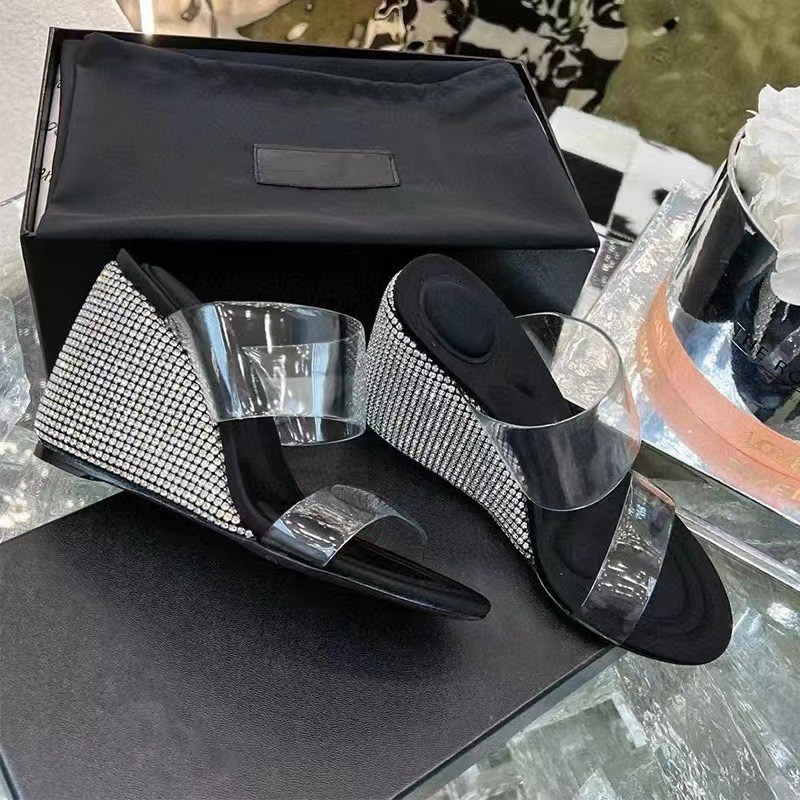 (image for) Clear-strap wedge mule with crystal accents